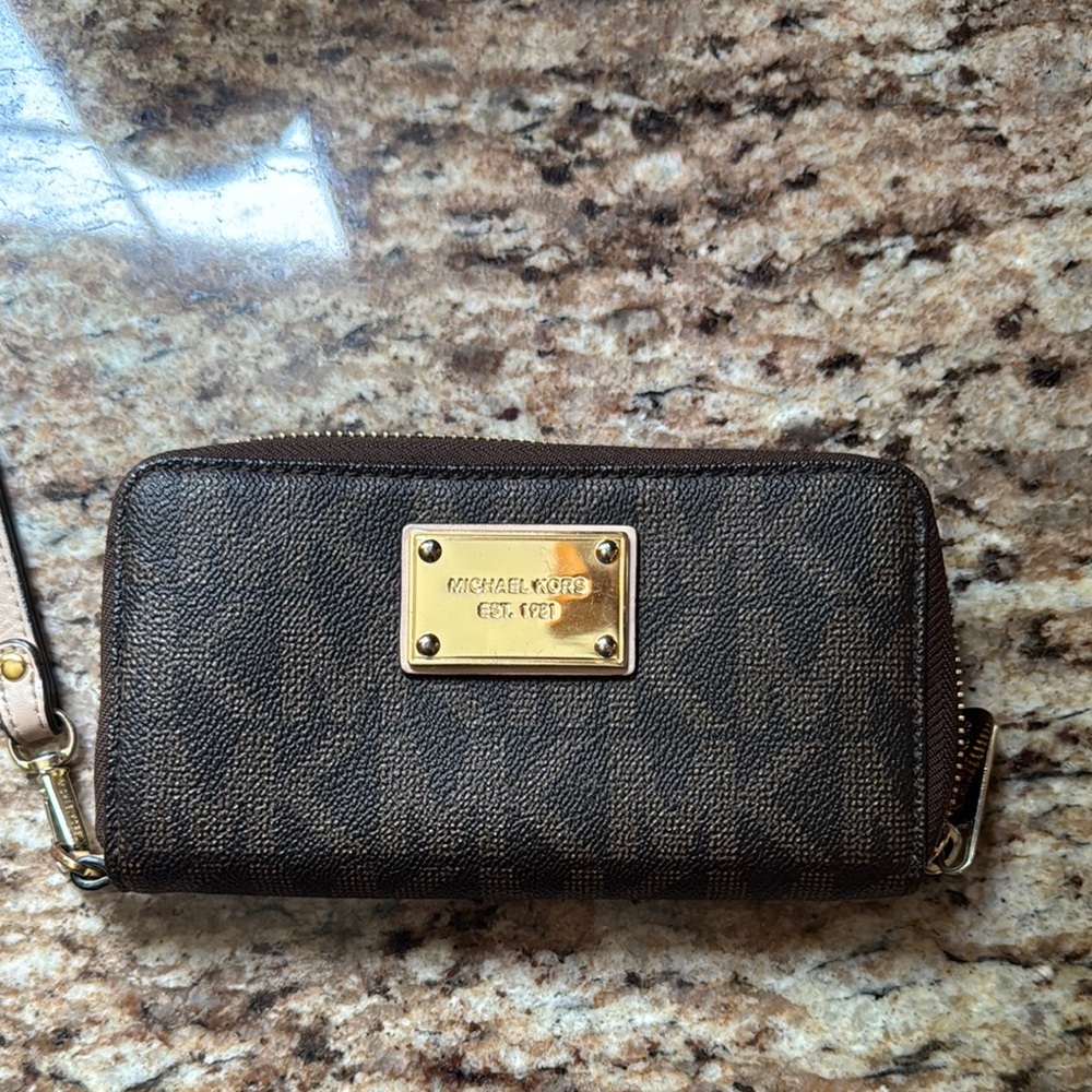 Michael Kors Dark Brown Wristlet with Gold Hardware